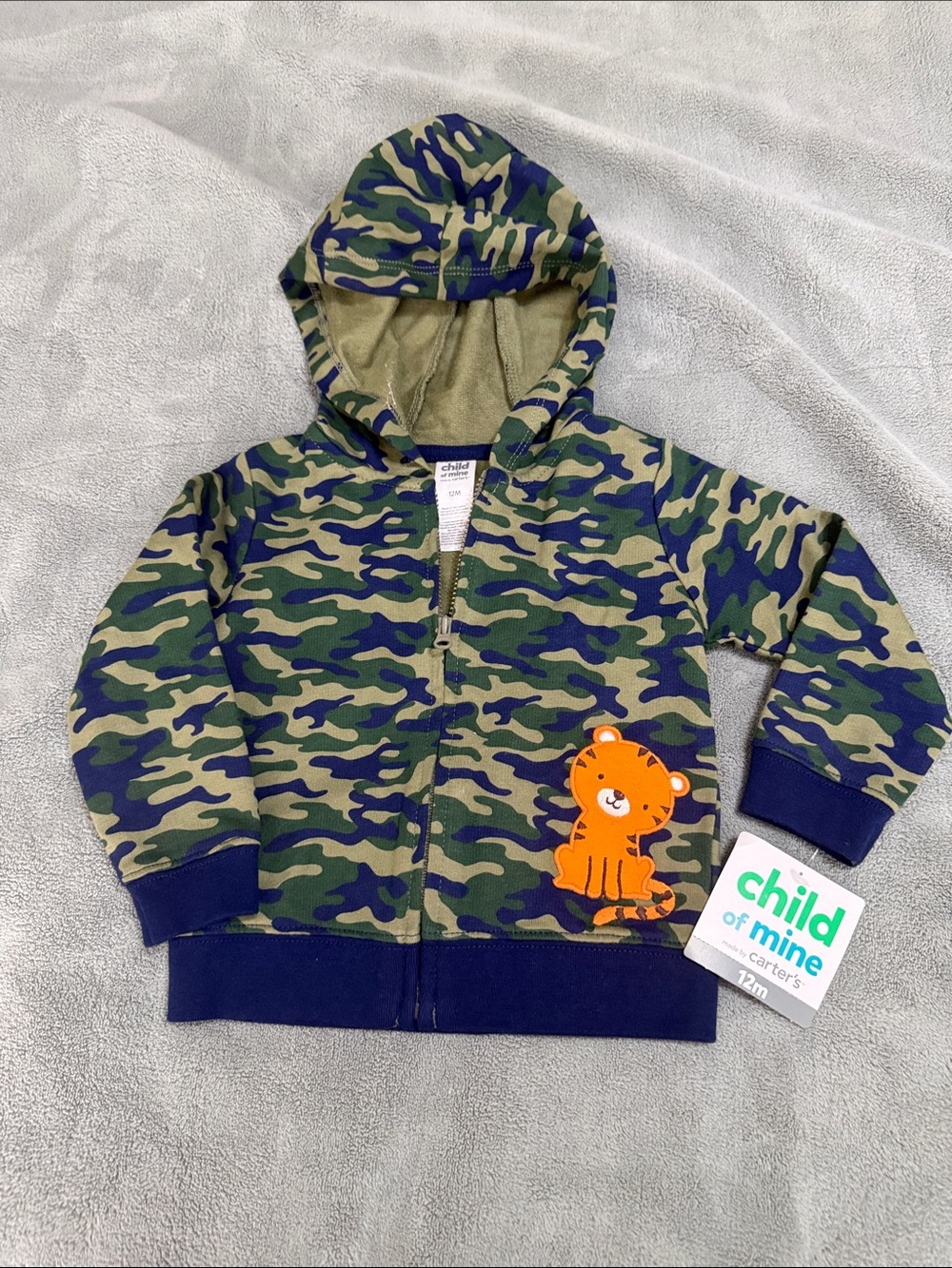 Carter's Green, Blue and Navy Camo Hooded Zip Sweatshirt with Orange Tiger